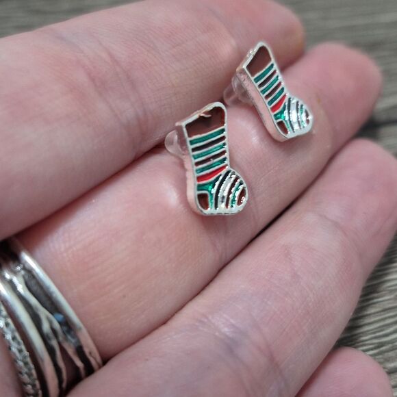 Striped Christmas Stocking Stud Earrings | Enamel Teal, Red Stripes - Picture 7 of 7